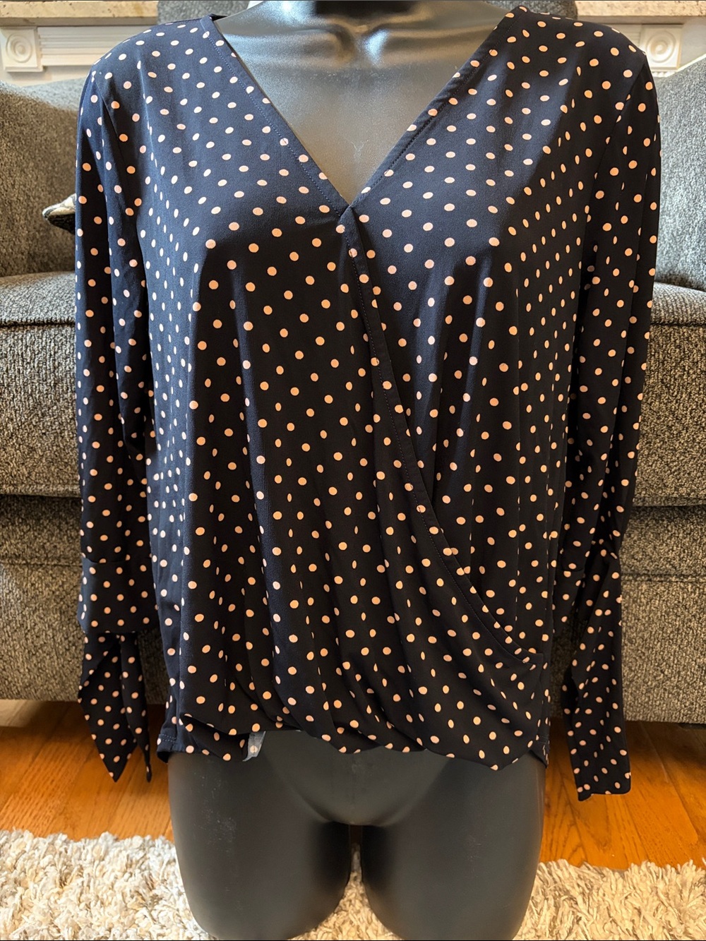 Beacon Women’s Black Polka Dot Wrap-Front Top - Blush Dots size Small